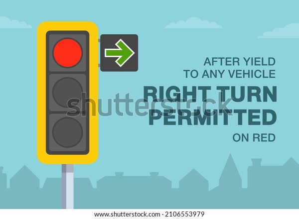 Safety car driving and traffic regulating
rules. Give way rules at traffic lights with a green arrow. After
yield to any vehicle right turn permitted on red. Flat vector
illustration template.