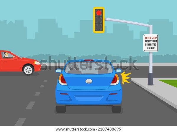 Safety car driving and traffic\
regulating rules. Give way rules at traffic lights. After stop\
right turn permitted on red. Flat vector illustration\
template.