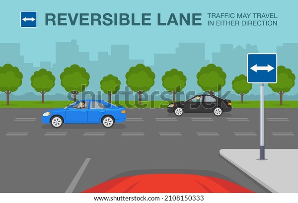 Safety car driving and traffic regulating\
rules. Car is reaching the intersection with reversible lane. Sign\
indicates that traffic may travel in either direction. Flat vector\
illustration template.