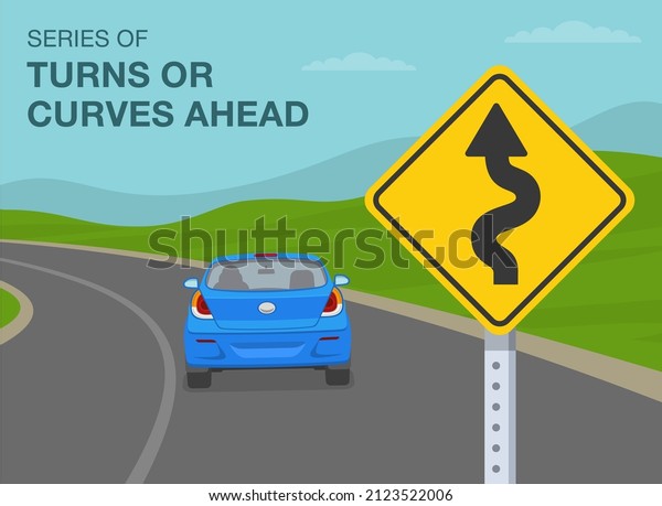 Safety\
car driving and traffic regulating rules. Three or more curves in a\
row on the road ahead. Close-up view of a series of turns and\
curves sign. Flat vector illustration\
template.