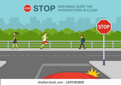 Safety car driving and traffic regulation rules. Stop road or traffic sign meaning. Car stopped at T-junction road. Flat vector illustration template.