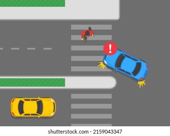 Safety car driving and traffic regulation rules. Wrong turn position on multi-lane roads. Left turn when there is a pedestrian on crosswalk. Flat vector illustration template.