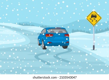 Safety car driving at winter season. Blue suv car is reaching the icy road. Slippery, wet roadway warning sign. Flat vector illustration template.