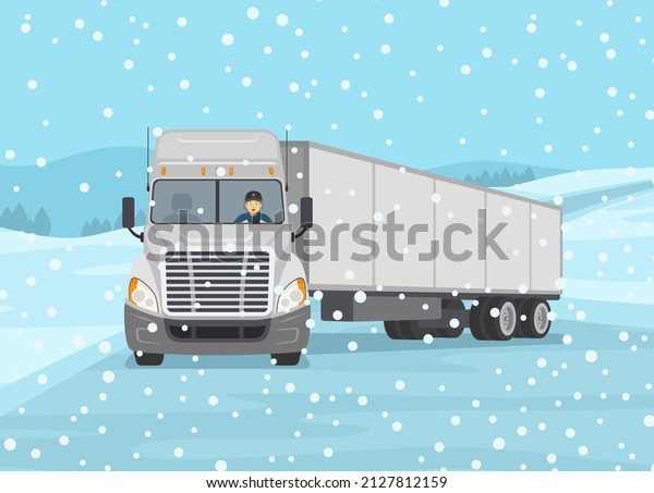 Safety car driving at winter season. Front view\
of a truck skidding across the icy road. Slippery, wet roadway\
scene. Flat vector illustration\
template.