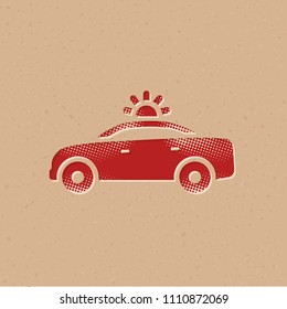 Safety car icon in halftone style. Grunge background vector illustration.