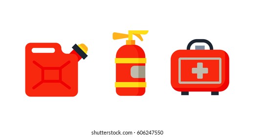 Safety car medical kit isolated canister fire extinguisher and health care design ambulance icon case transportation warning vector illustration.