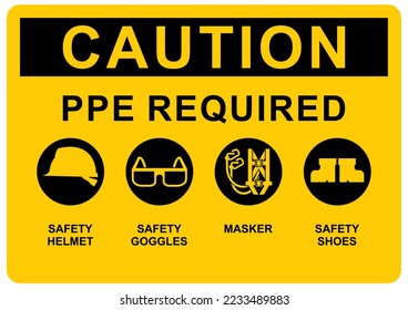 Safety caution sign for mandatory to wear personal protective equipment. Required helmet, goggles, body harness, and shoes.