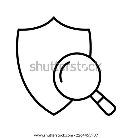 Safety checking icon. Magnifying glass with protection shield. Protection, security sign, comparison, selection. Antivirus program search. 