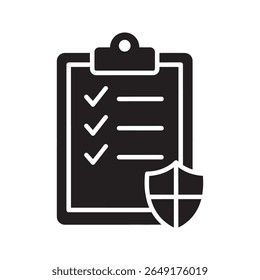 Ícone de lista de verificação de segurança com uma área de transferência e uma blindagem representando auditoria de segurança de inspeção de conformidade e aderência à política de segurança e ao ícone de glifo sólido do vetor de regulamentação