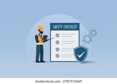 Safety checklist. Worker recheck safety regulations on checklist board. Vector.