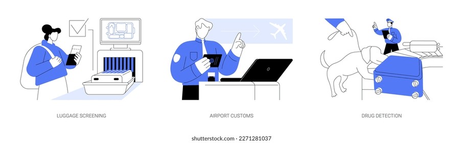 Controles de seguridad en el conjunto de ilustraciones vectoriales abstractas del concepto del aeropuerto. Control de equipaje, aduanas de aeropuertos, detección de drogas, escáner de seguridad, control de pasaportes, metáfora abstracta de transporte aéreo comercial.