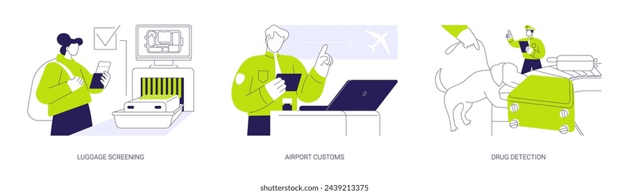 Safety checks in airport abstract concept vector illustration set. Luggage screening, airport customs, drug detection, security scanner, passport control, commercial air transport abstract metaphor.