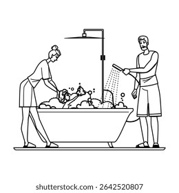 segurança criança vetor banho. banheira sabão, bolhas de água, temperatura toalha segurança criança banho personagem. pessoas linha preta lápis desenho ilustração