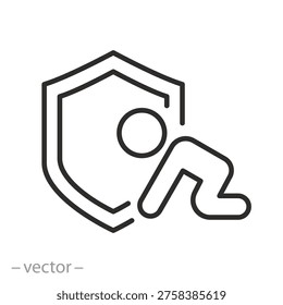 safety child icon, kid in shield, newborn baby protection, editable outline illustration