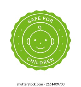 Safety Child Product Stamp. Safe for Children Green Label. Non Toxic Material for Kid Sticker. Child Care Symbol. Baby Food Sign in Restaurant Menu. Kid Friendly Logo. Isolated Vector Illustration.