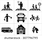 Safety of children in traffic. Children go to school. Pictogram icon set. Crossing the street.