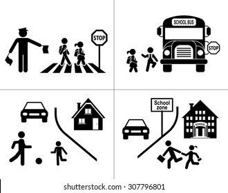 Safety Of Children In Traffic. Children Go To School. Pictogram Icon Set. Crossing The Street.