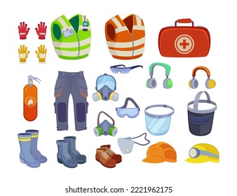 Safety clothes and equipment vector illustrations set. Collection of drawings of clothing and accessories for industrial work isolated on white background. Prevention, protection, safety concept