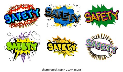 Sicherheit. Comic-Buchworttext auf abstraktem Comichintergrund. Retro Pop Art Style Illustration.