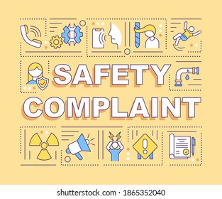 Safety complaint word concepts banner. Unsafe working conditions. Work-related injuries. Infographics with linear icons on yellow background. Isolated typography. Vector outline RGB color illustration