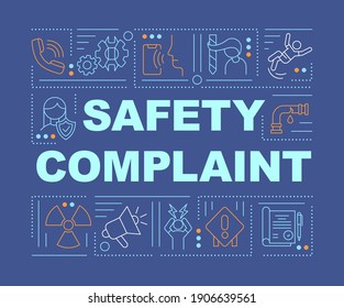 Safety complaint word concepts banner. Workplace violence. Work-related injuries. Infographics with linear icons on blue background. Isolated typography. Vector outline RGB color illustration