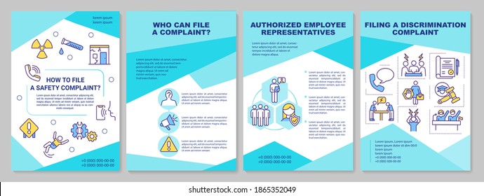 Safety complaints filing brochure template. Confidential whistleblower. Flyer, booklet, leaflet print, cover design with linear icons. Vector layouts for magazines, annual reports, advertising posters