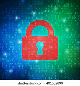 Safety computer digital data code background vector illustration with closed padlock icon. 