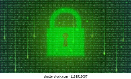 Safety concept. Binary code, floating digits and closed padlock on digital background. Concept of cyber security. Green abstract sci-fi technology background. Vector illustration