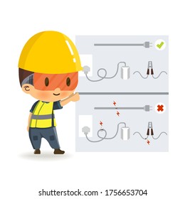 Safety concept, Character construction worker is confused about true or false. Vector illustration.