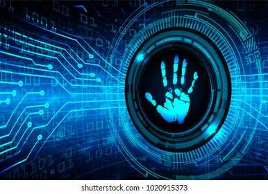 Safety concept, Closed Padlock on digital, cyber security, blue abstract hi speed internet technology background illustration. key, sci fi, fingerprint. scanning. Hand print.