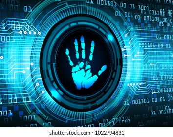 Safety concept, Closed Padlock on digital, cyber security, blue abstract hi speed internet technology background illustration. key, sci fi, fingerprint. scanning. Hand print.