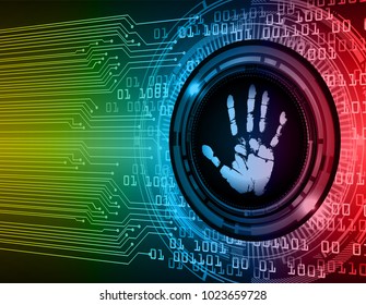 Safety concept, Closed Padlock on digital, cyber security, blue red green abstract hi speed internet technology background illustration. key, sci fi, fingerprint. scanning. Hand print.