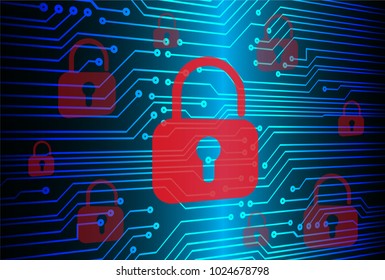 Safety concept, Closed Padlock on digital background, cyber security, Blue abstract hi speed internet technology background illustration. key vector