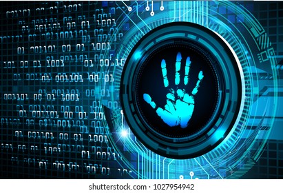 Safety concept, Closed Padlock on digital, cyber security, blue abstract hi speed internet technology background illustration. key, sci fi, fingerprint. scanning. Hand print.