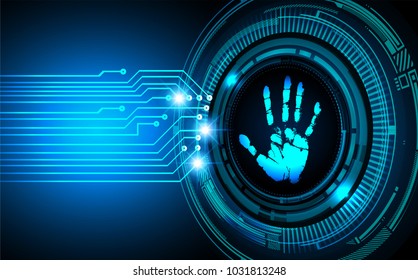 Safety concept, Closed Padlock on digital, cyber security, blue abstract hi speed internet technology background illustration. key, sci fi, fingerprint. scanning. Hand print.
