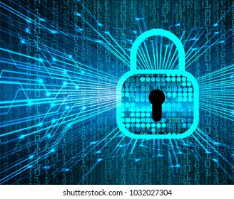 Safety concept, Closed Padlock on digital background, cyber security, Blue abstract hi speed internet technology background illustration. key vector