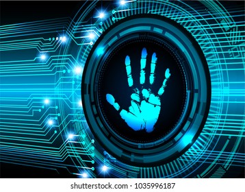 Safety concept, Closed Padlock on digital, cyber security, blue abstract hi speed internet technology background illustration. key, sci fi, fingerprint. scanning. Hand print.