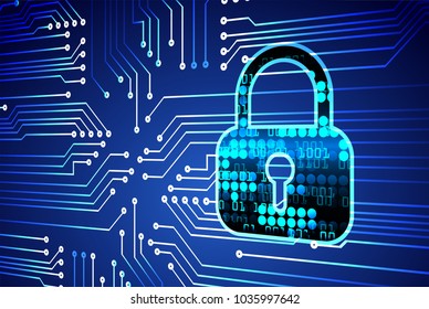 Safety concept, Closed Padlock on digital background, cyber security, Blue abstract hi speed internet technology background illustration. key vector