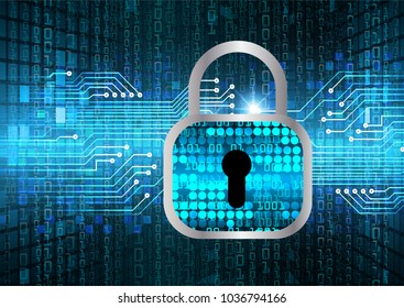 Safety concept, Closed Padlock on digital background, cyber security, Blue abstract hi speed internet technology background illustration. key vector