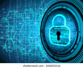 Safety concept, Closed Padlock on digital background, cyber security, Blue abstract hi speed internet technology background illustration. key vector