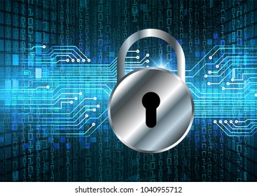 Safety concept, Closed Padlock on digital background, cyber security, Blue abstract hi speed internet technology background illustration. key vector