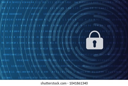 Safety concept, closed padlock on digital cyber security 0 1 background. Blue abstract hi speed internet technology background illustration. Cyber matrix with zero ne numbers big data security coding.