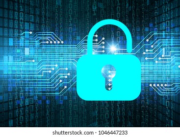 Safety concept, Closed Padlock on digital background, cyber security, Blue abstract hi speed internet technology background illustration. key vector