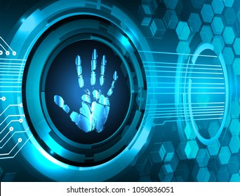 Safety concept, Closed Padlock on digital, cyber security, blue abstract hi speed internet technology background illustration. key, sci fi, fingerprint. scanning. Hand print.