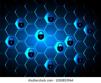 Safety concept, Closed Padlock on digital background, cyber security, Blue abstract hi speed internet technology background illustration. key vector, Hexagon honeycomb