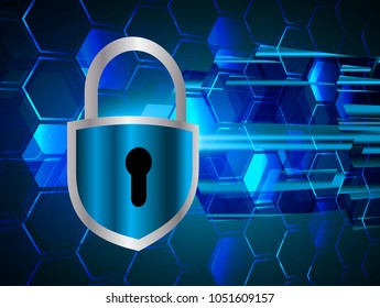 Safety concept, Closed Padlock on digital background, cyber security, Blue abstract hi speed internet technology background illustration. key vector
