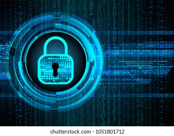 Safety concept, Closed Padlock on digital background, cyber security, Blue abstract hi speed internet technology background illustration. key vector