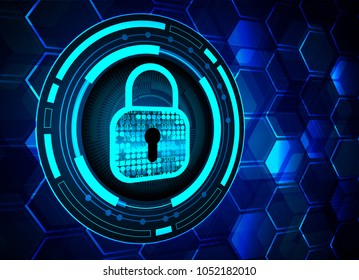 Safety concept, Closed Padlock on digital background, cyber security, Blue abstract hi speed internet technology background illustration. key vector