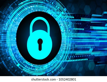 Safety concept, Closed Padlock on digital background, cyber security, Blue abstract hi speed internet technology background illustration. key vector