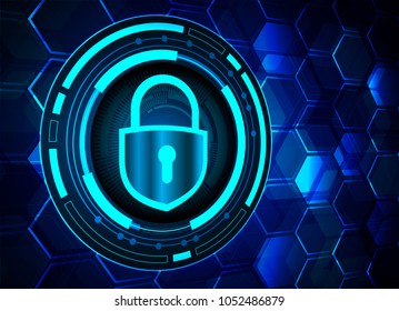 Safety concept, Closed Padlock on digital background, cyber security, Blue abstract hi speed internet technology background illustration. key vector